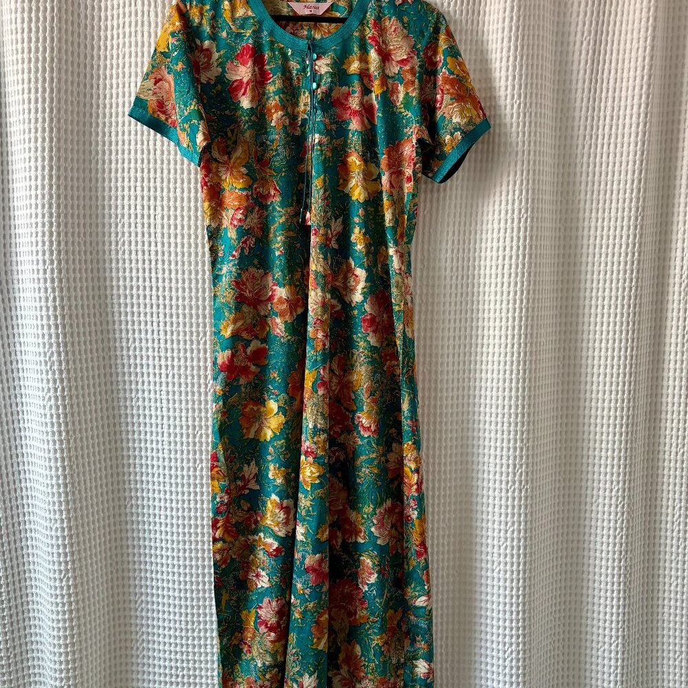 Hana silky teal floral print maxidress/house dress/swim coverup women's medium